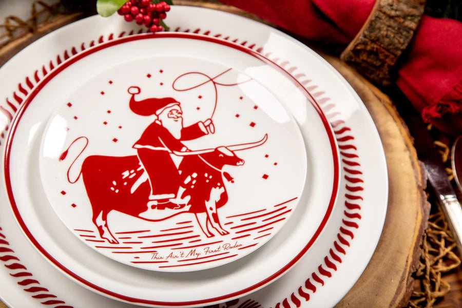 Red and White Santa's Longhorn Sleigh Plate Set - Your Western Decor