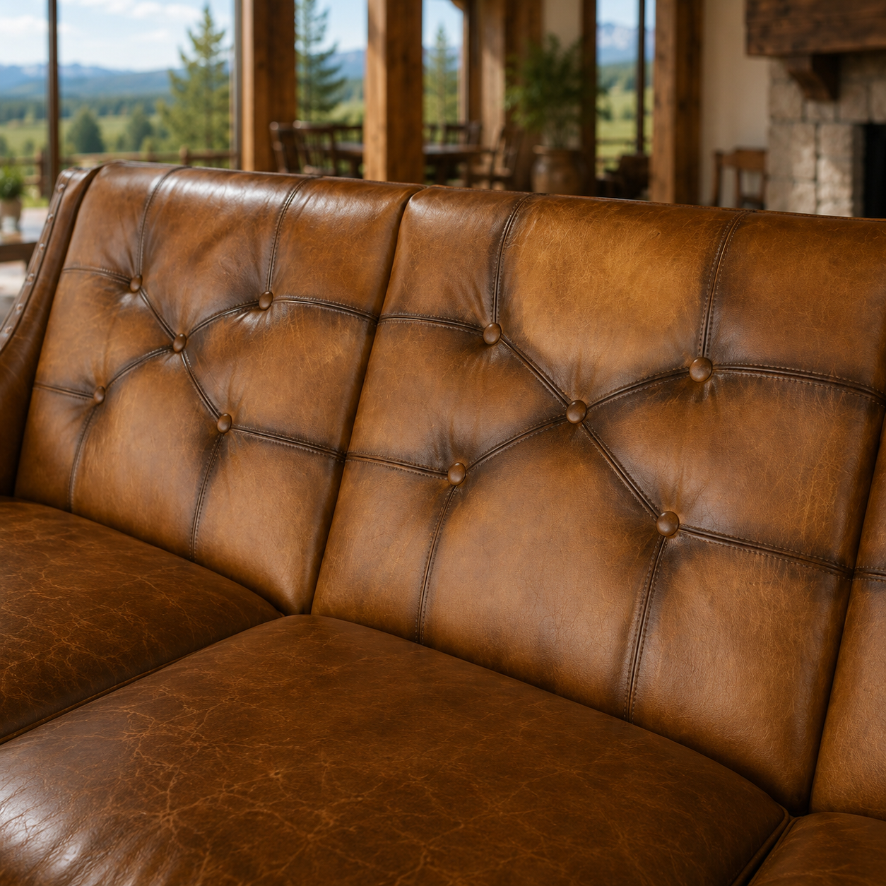 American made Western leather sofa with button back detail and hand-burnished leather
