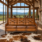 Sauvage Button Back Leather Sofa in Bark Sauvage full-grain leather in luxury ranch inspired living room 
