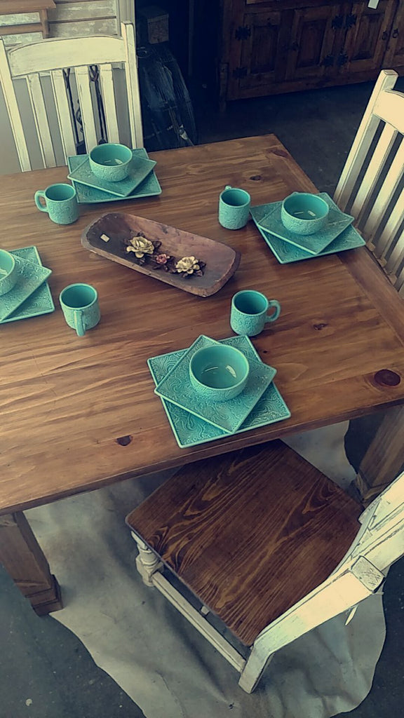 Savannah turquoise dishes on pine wood table with chairs - Your Western Decor