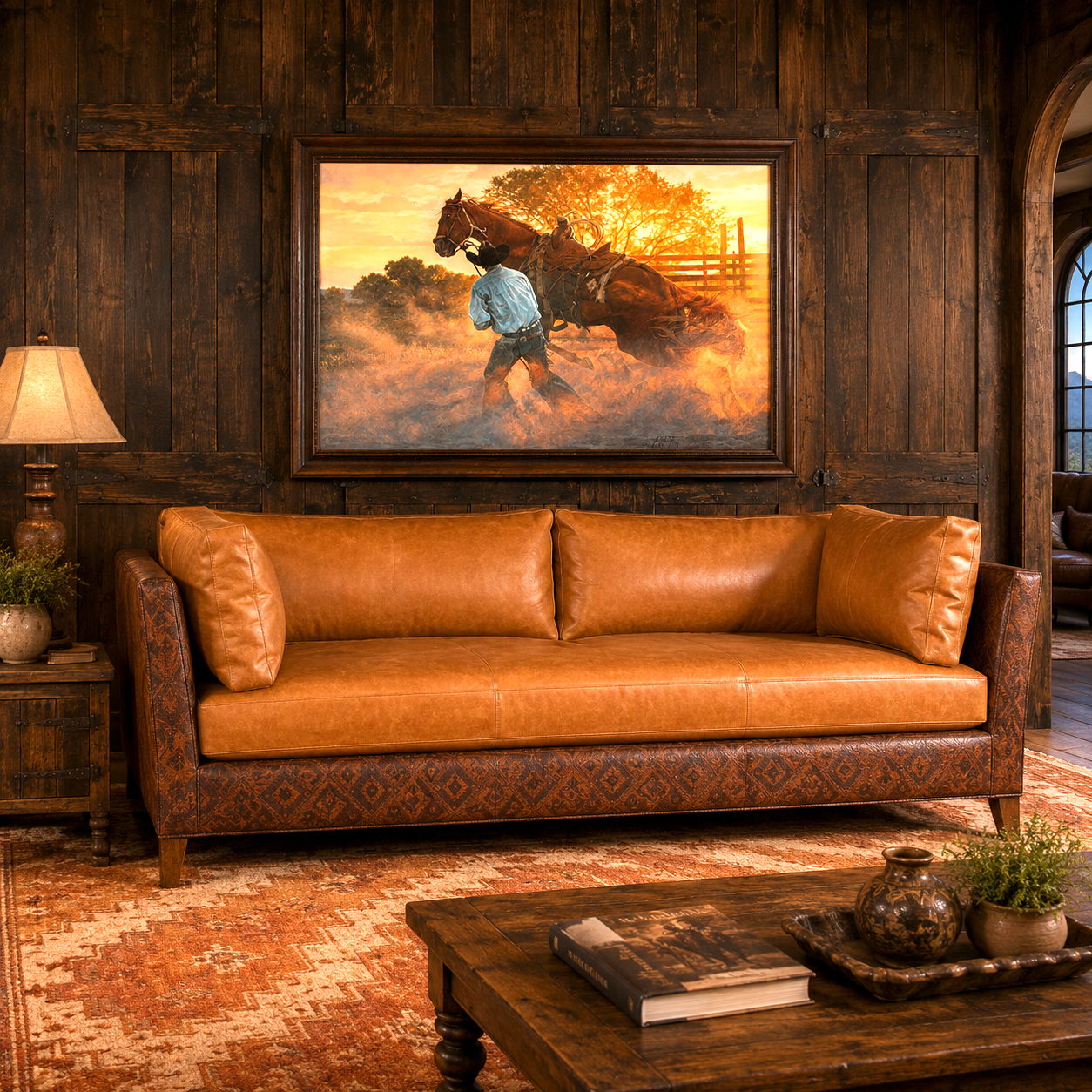 Sedona Trail modern western leather sofa in cognac aniline leather with embossed artisan leather frame in rustic ranch living room