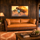 Sedona Trail modern western leather sofa in cognac aniline leather with embossed artisan leather frame in rustic ranch living room