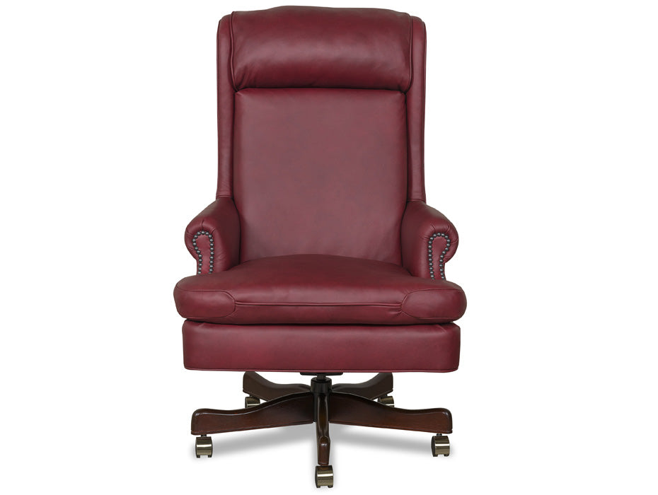 A high-back wingback swivel office chair upholstered in burgundy leather with dark wood legs and casters, shown against a plain white background.