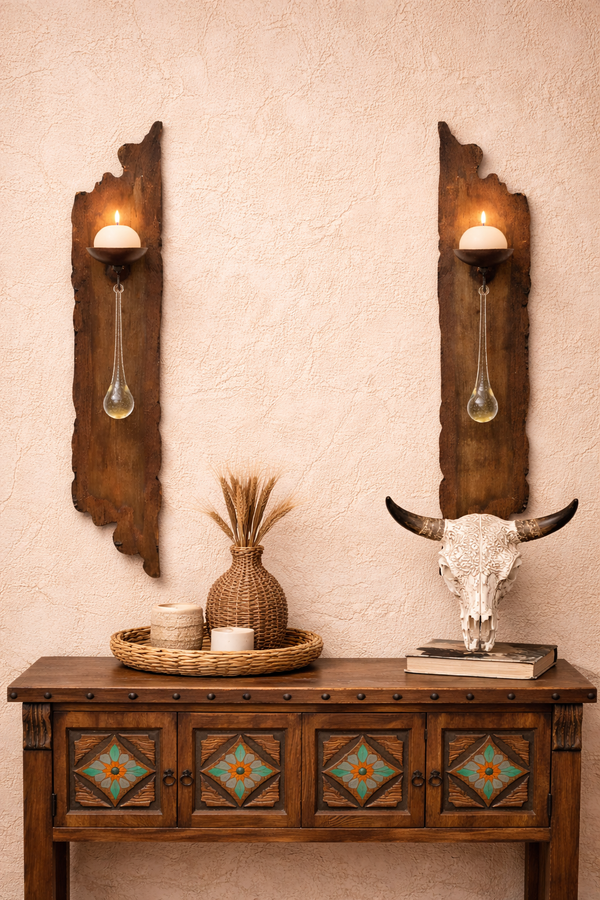 Left Facing Rustic Teardrop Wall Candelero | Handmade Metal Sconce