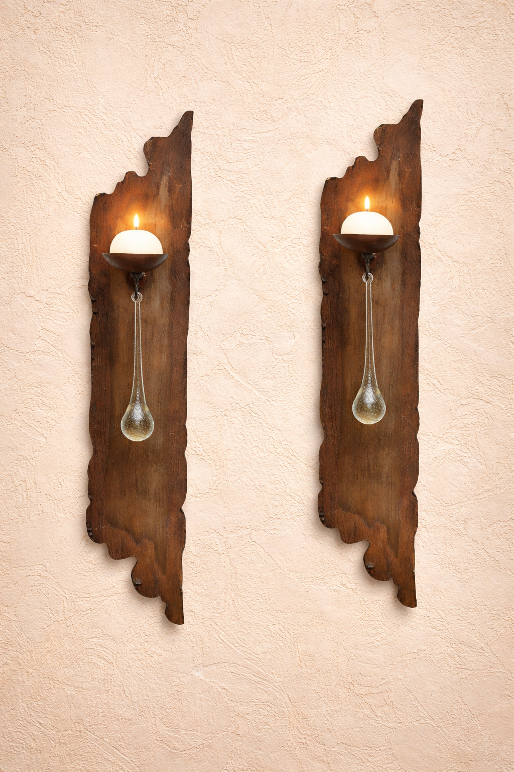 Set of two rustic metal wall candeleros with glass teardrops and round candles - Your Western Decor