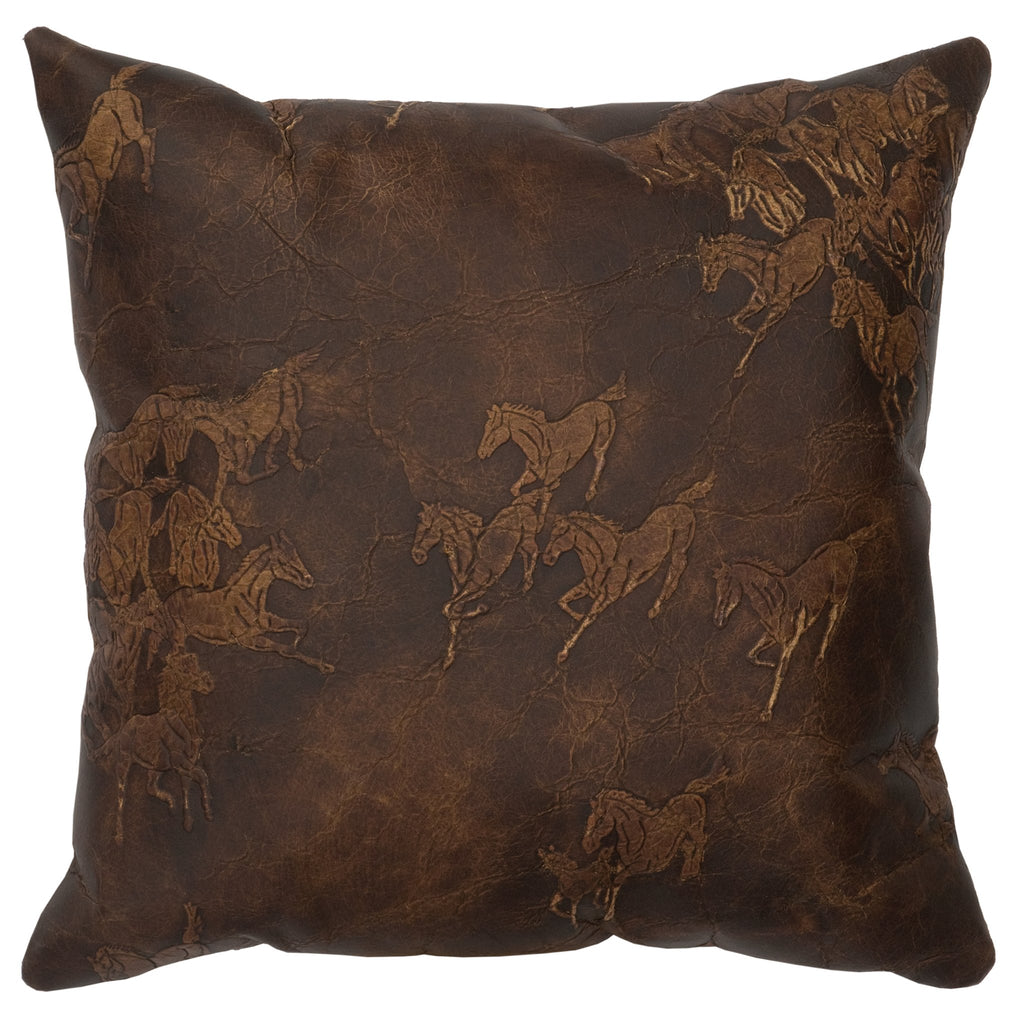Settler Embossed Leather Throw Pillow with horses 16x16 - Made in the USA - Your Western Decor