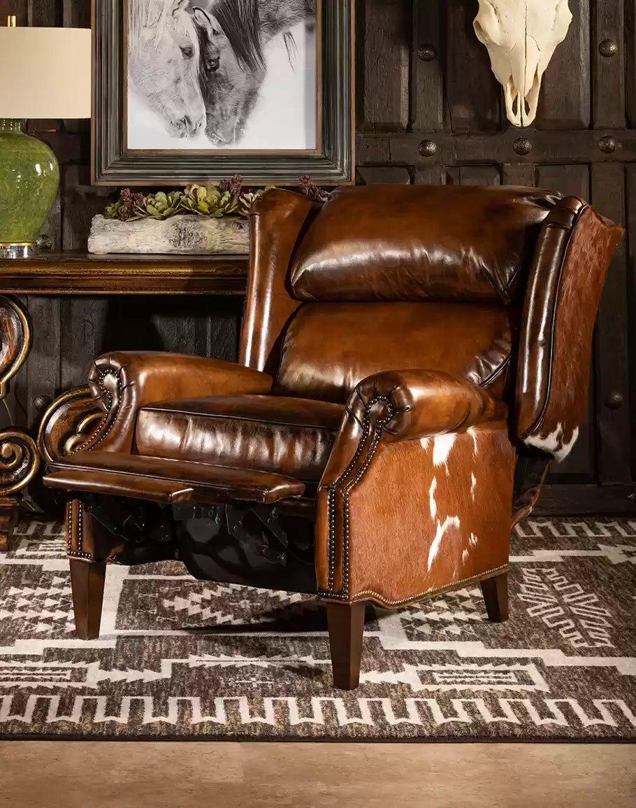 Settler Cowhide & Leather Western Recliner made in the USA - Your Western Decor