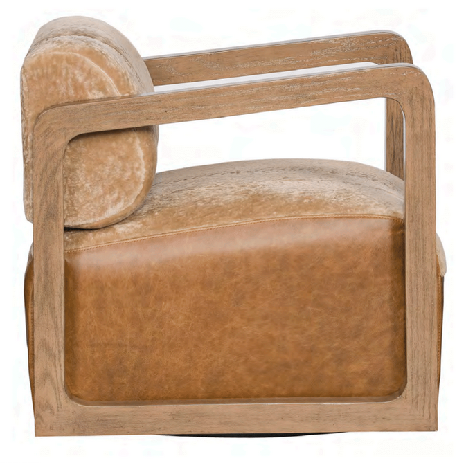 American made swivel accent chair in shearling fabric and burnished leather