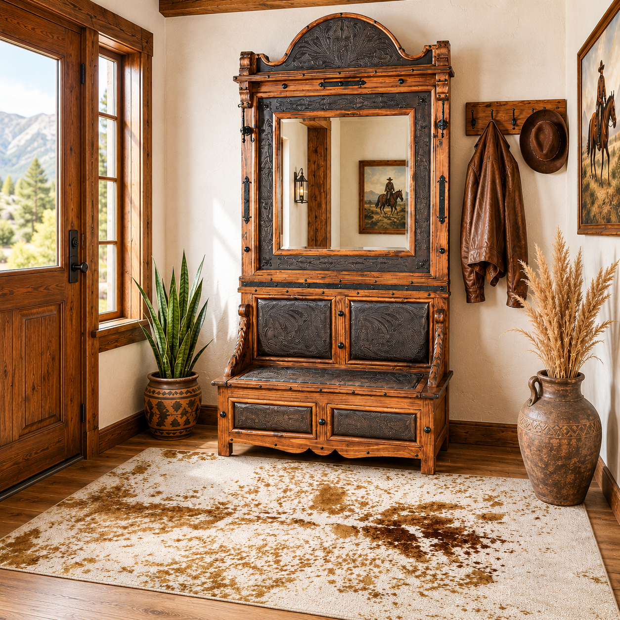 Sierra Grande tooled leather hall tree with longhorn spotted area rug  in Western ranch entryway