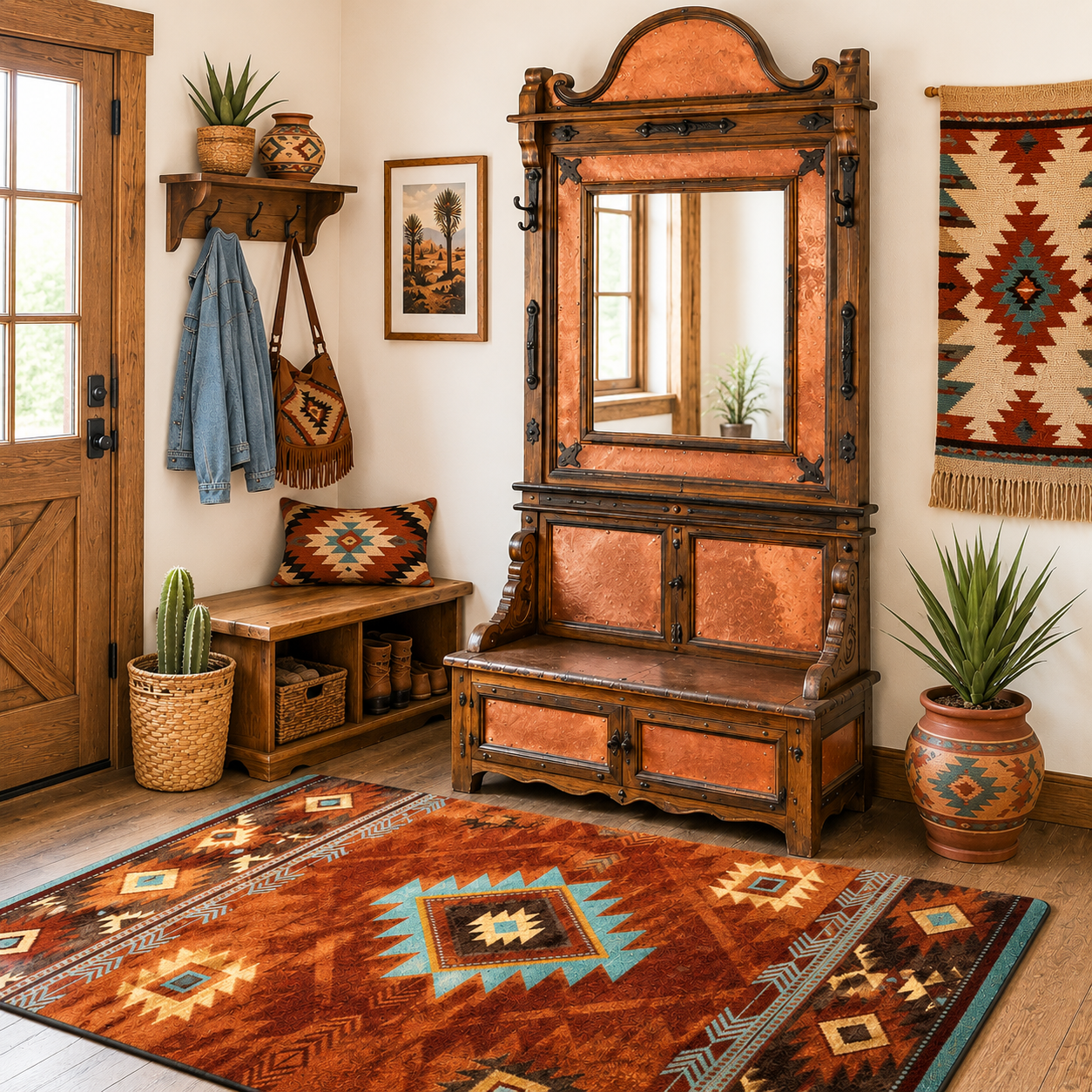 Western copper hall tree with mirror and storage bench in rustic Southwestern entryway