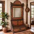 Rustic wood and copper hall tree with mirror and bench storage