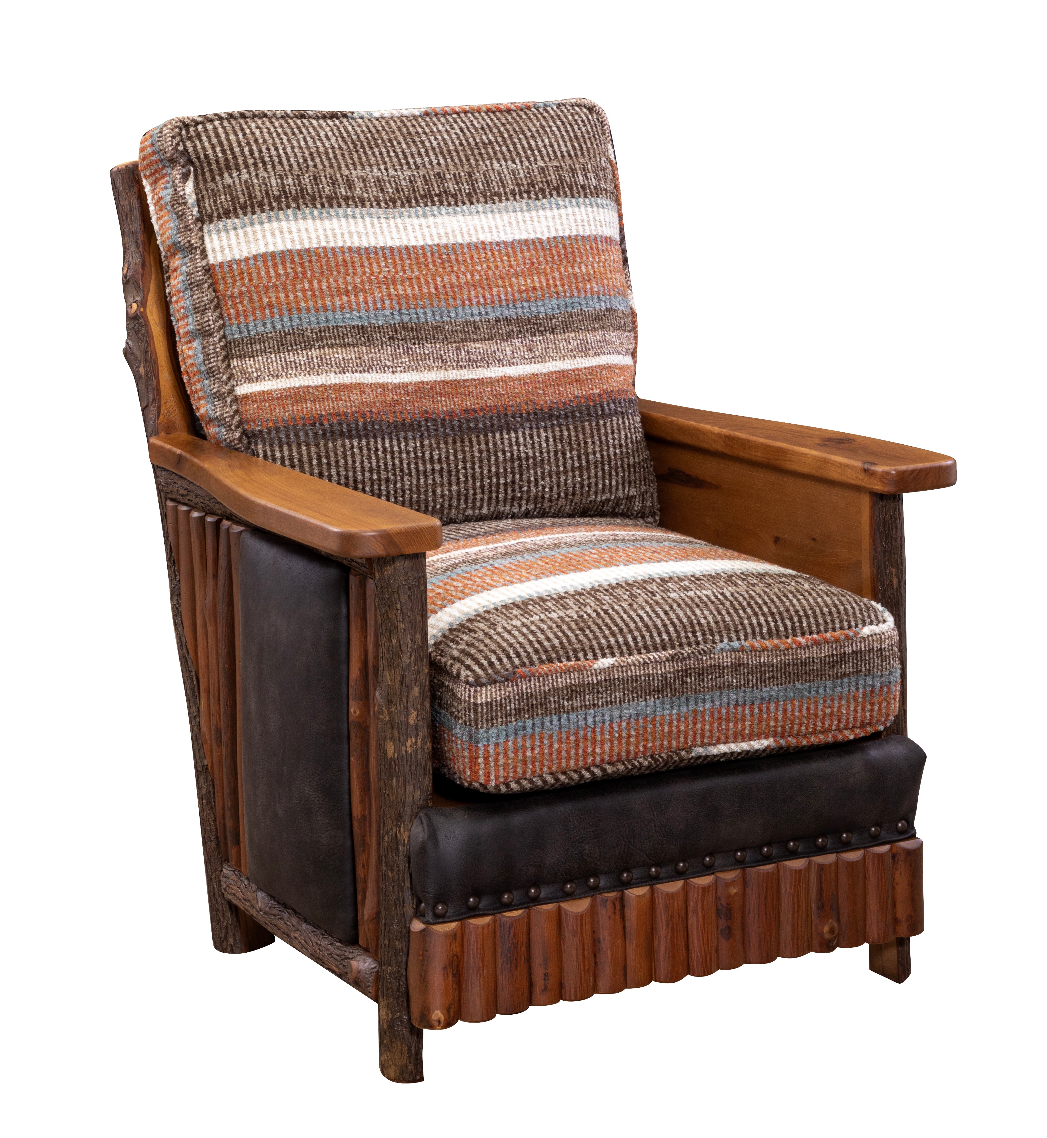 Wooden lodge style armchair with Sierra Madre striped fabric cushions and leather trim with nailheads and exposed bark detail 