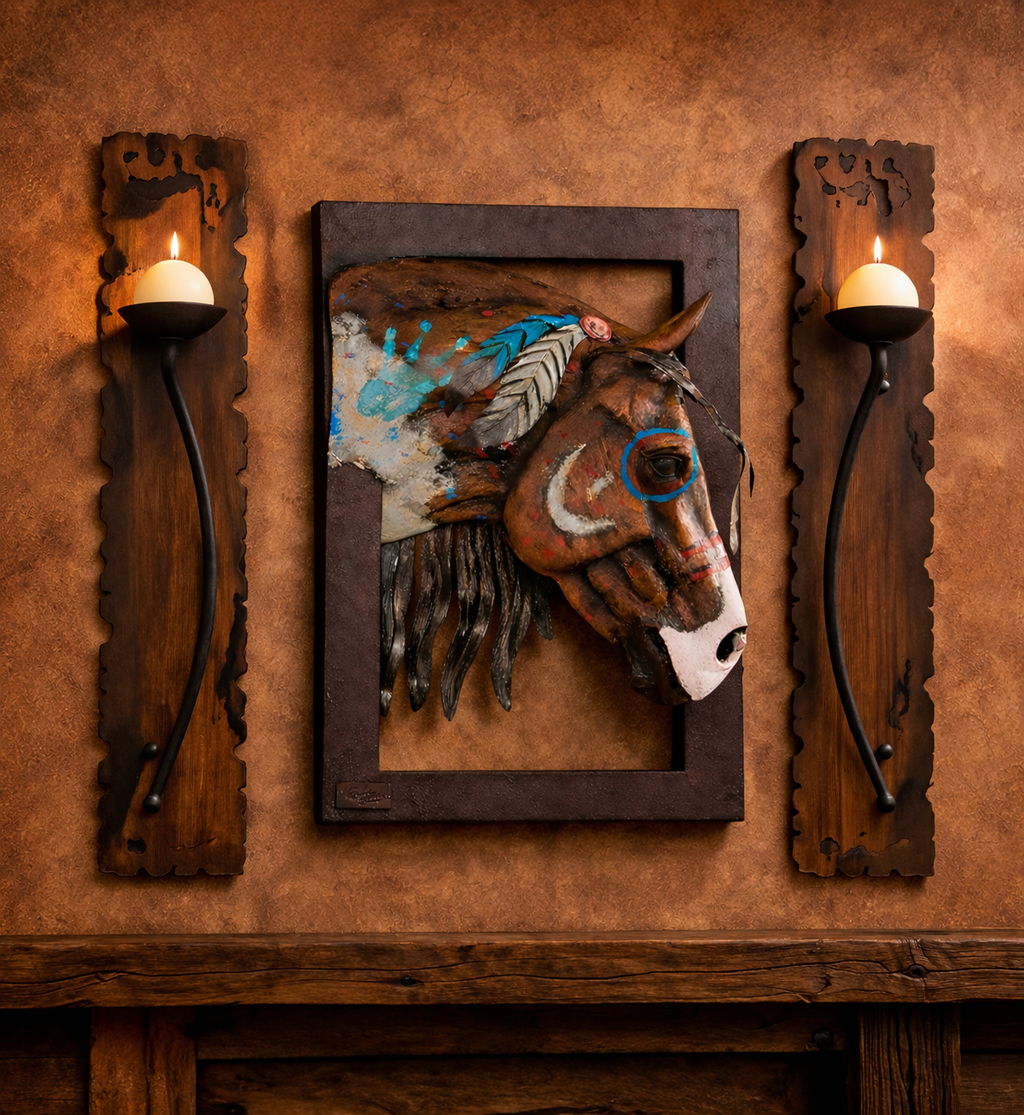 Western lodge wall decor with iron candle sconces and rustic wood furniture with War Pony wall sculpture in the center