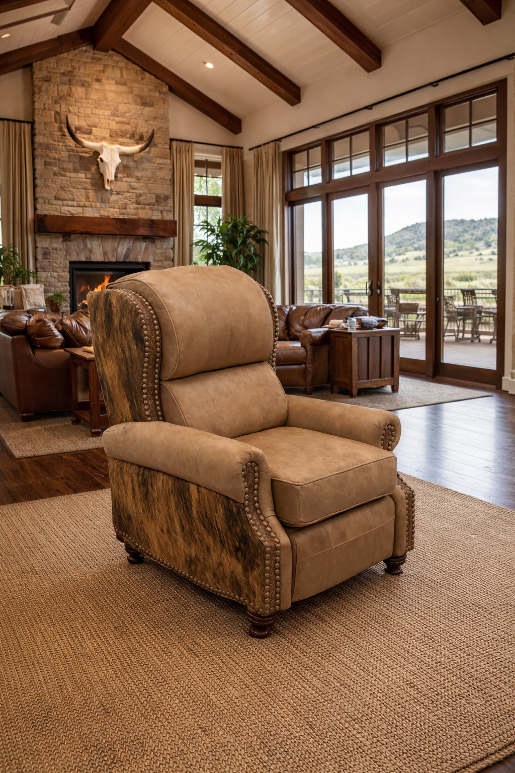 American made Western leather recliner with brindle cowhide sides and nailhead trim displayed in bright open ranch home with high ceilings and large windows