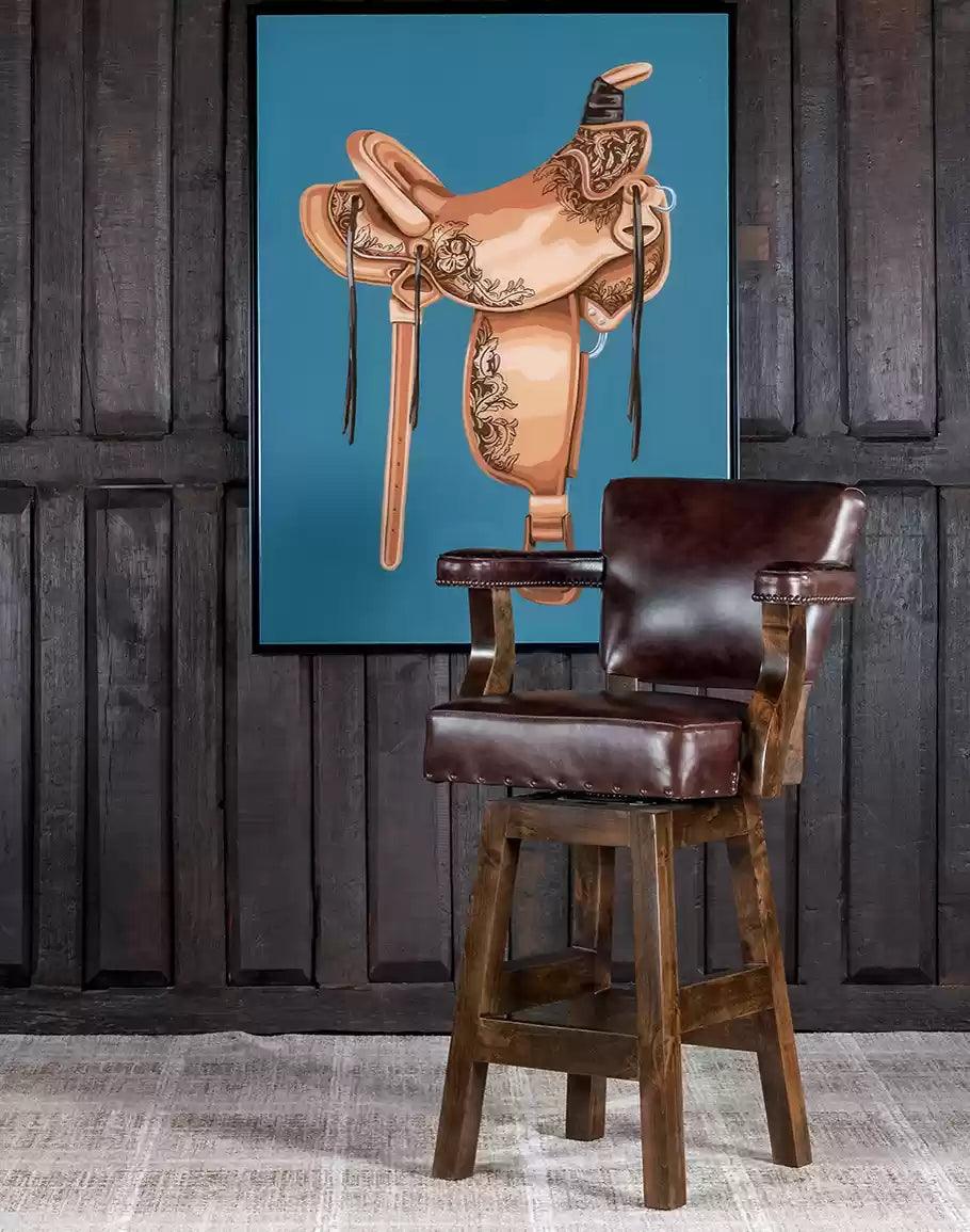 Brown leather Swivel Western Bar Stool with embossed leather back made in the USA - Your Western decor