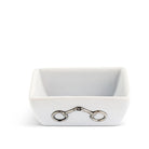 White ceramic bowl with a silver equestrian bit design on a white background