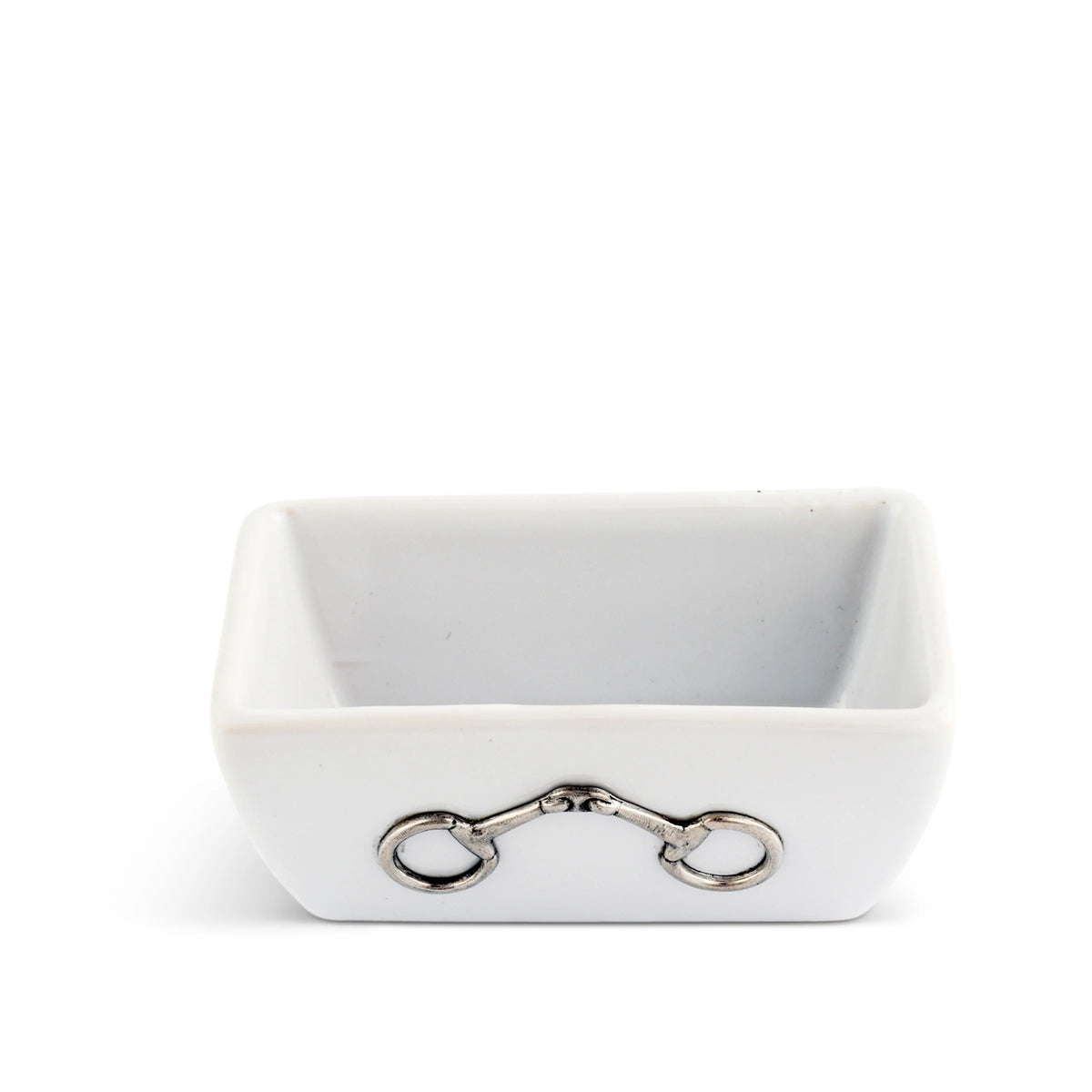 White ceramic bowl with a silver equestrian bit design on a white background