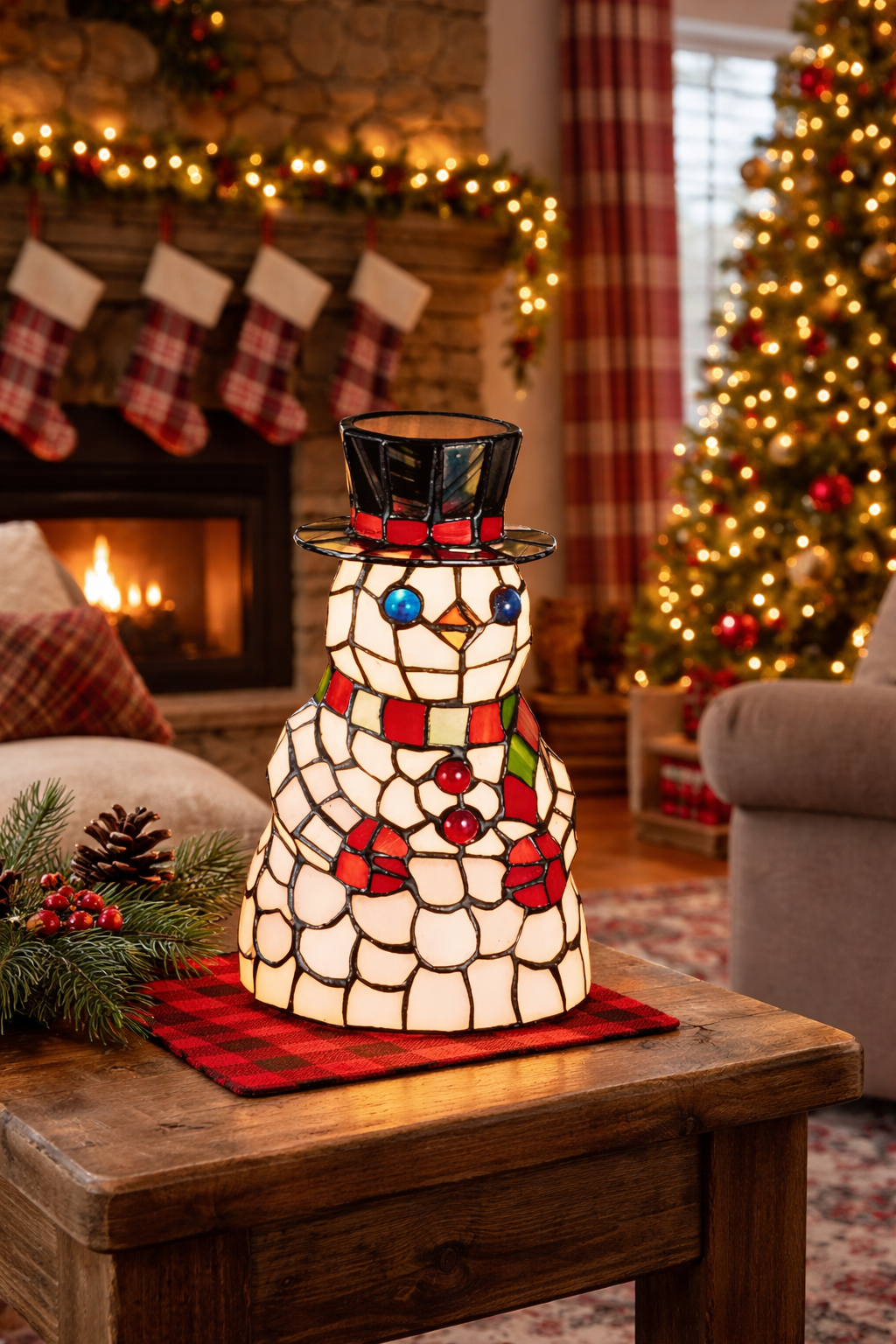 Decorative stained glass snowman lamp on a wooden table with Christmas decorations in the background - Your Western Decor