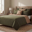solid sage and brown layered bedspread with matching pillow and euro shams