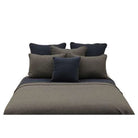Bed with gray and navy bedding and pillows made in Idaho - Your Western Decor