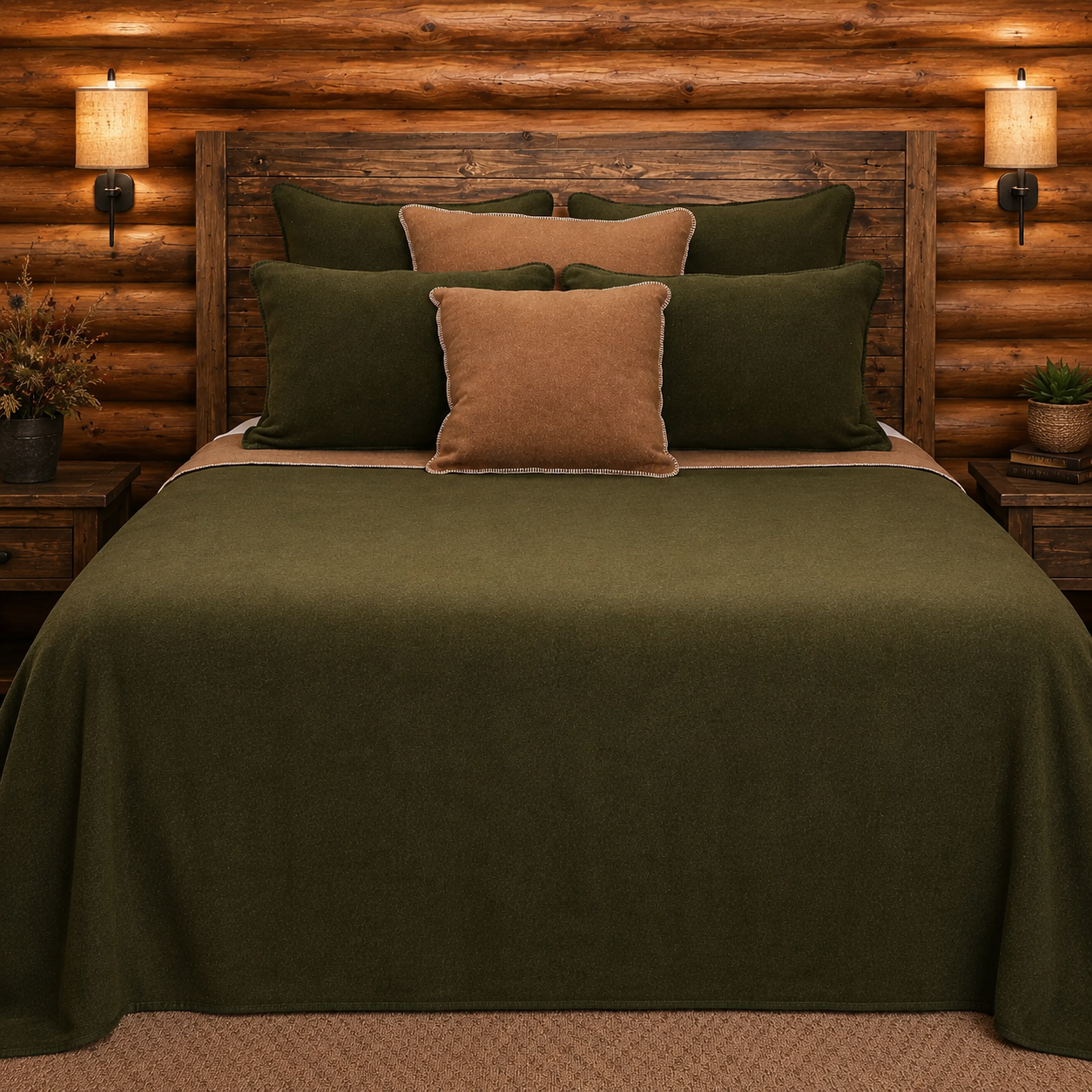Solid olive green and brown coverlets and pillow shams in cabin styled bedroom 
