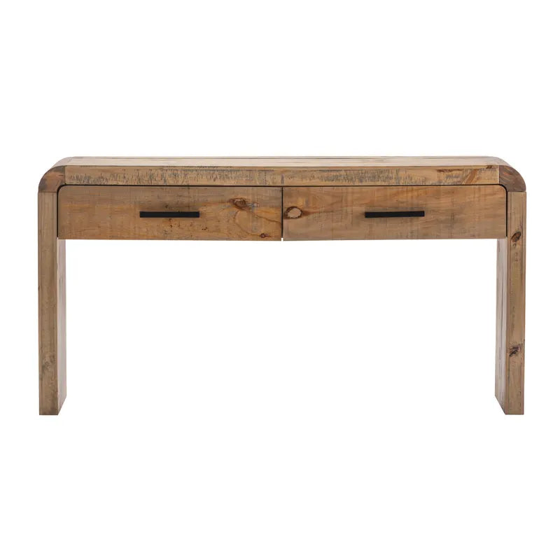 solid wood 2-drawer console table with natural finish and rounded corners 