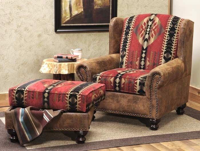 Southwestern sorrel fabric and leather chair with storage ottoman made in the USA - Your Western Decor