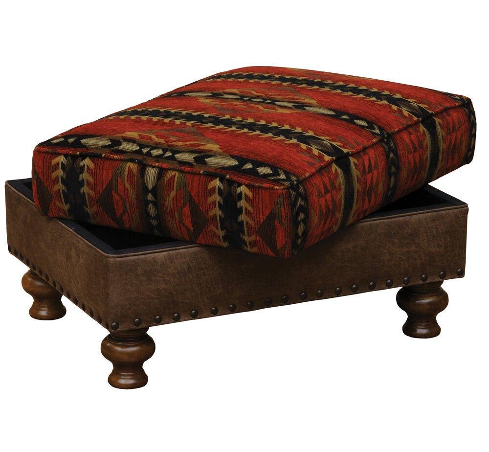 Southwest sorrel and leather upholstered storage ottoman - Your Wester Decor