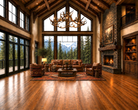 Luxurious grand lodge living room with wooden floors, large windows, leather furniture, antler chandelier, and a stone fireplace.