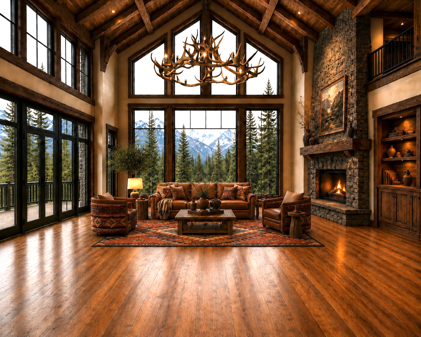 Luxurious grand lodge living room with wooden floors, large windows, leather furniture, antler chandelier, and a stone fireplace.