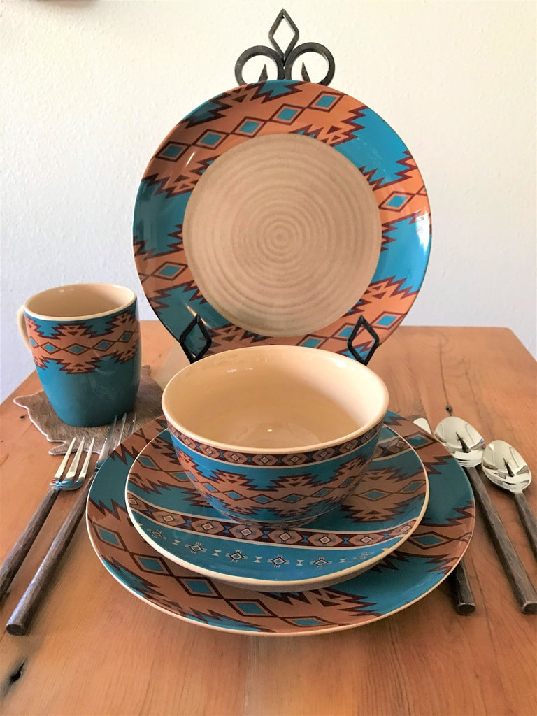 blue, red and rust Southwestern dinnerware set and hammered copper flatware from Your Western Decor