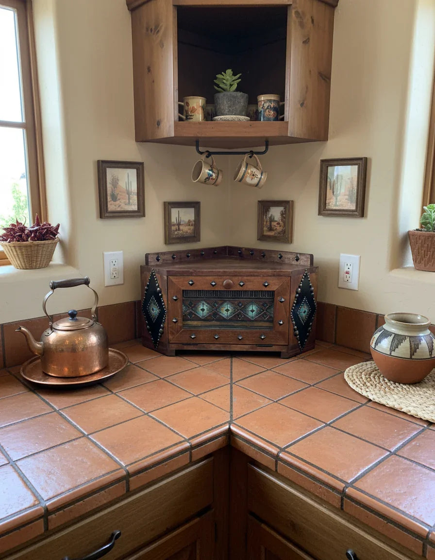 Kitchen corner with tiled countertop, wooden bread cabinet, and decorative elements - Your Western Decor
