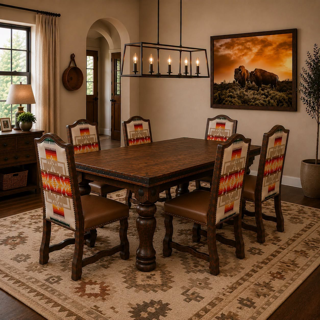 Southwestern dining room with Chief Joseph Sunset custom dining chairs, Gatekeeper area rug by Pendleton, and Watchful Buffalo Canvas Art