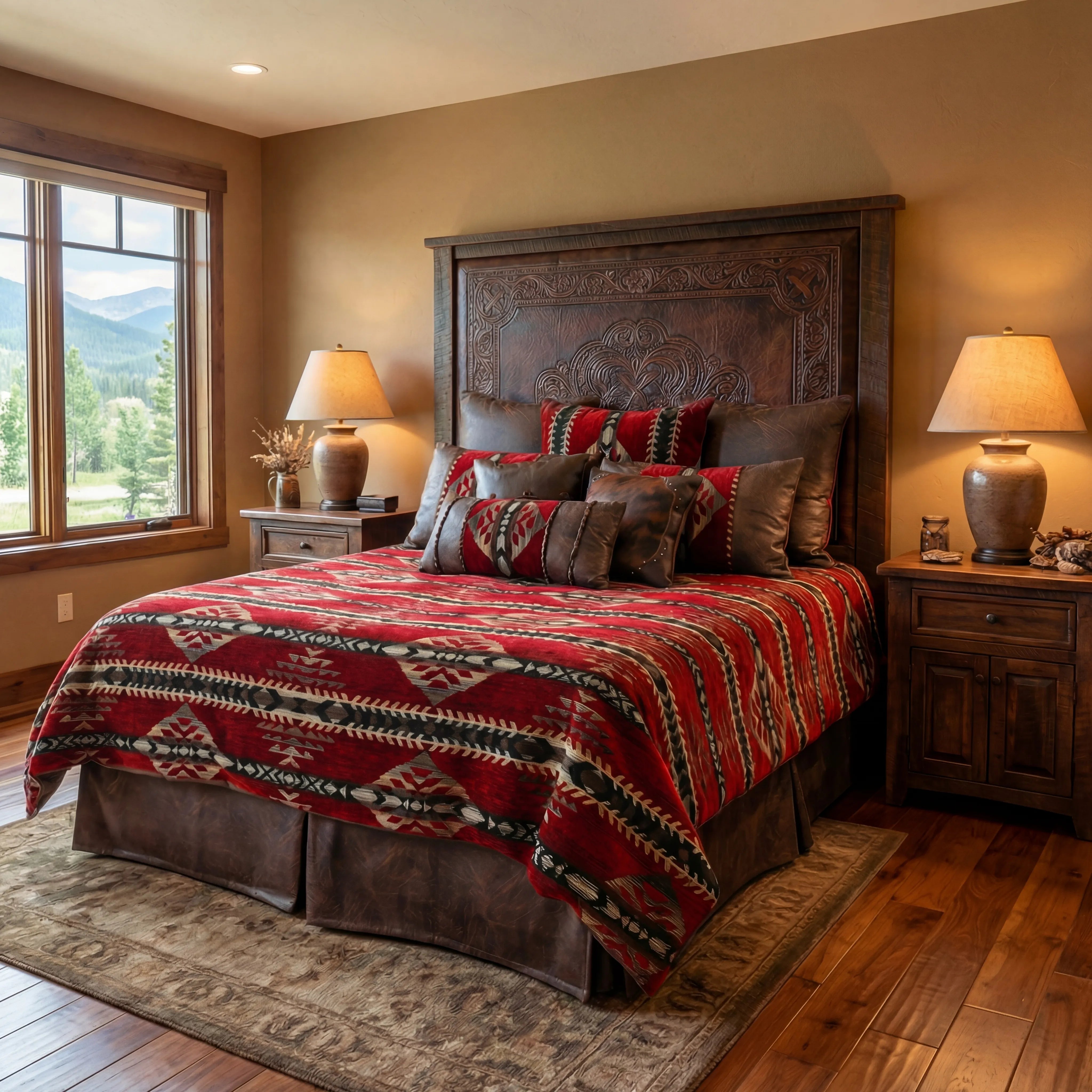 Bedroom with a large bed featuring a red and Southwestern patterned comforter, wood and leather headboard, and two lamps on nightstands with a hardwood floor