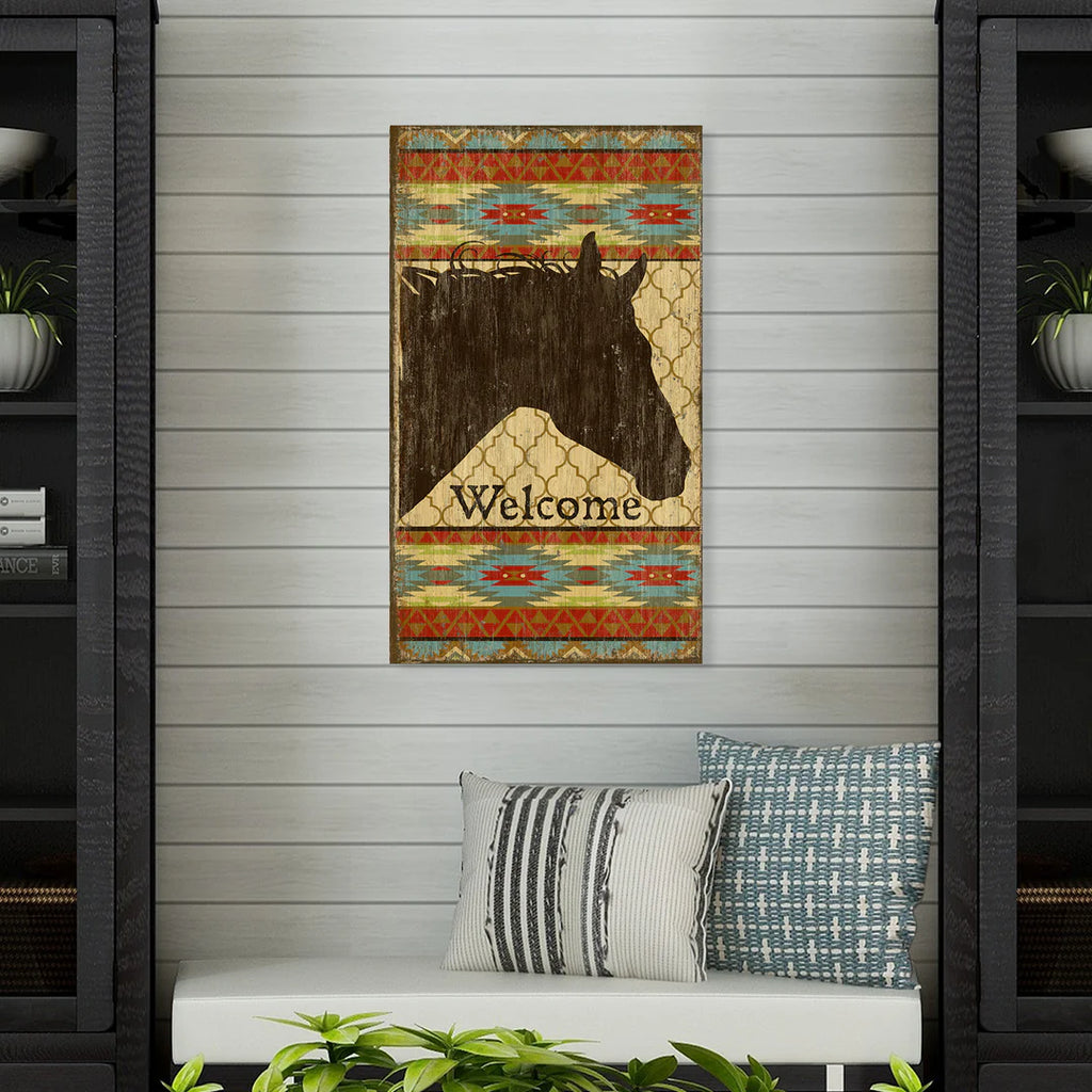 Southwestern wood signs with Aztec design and horse over wood and distressed - made in the USA - Your Western Decor