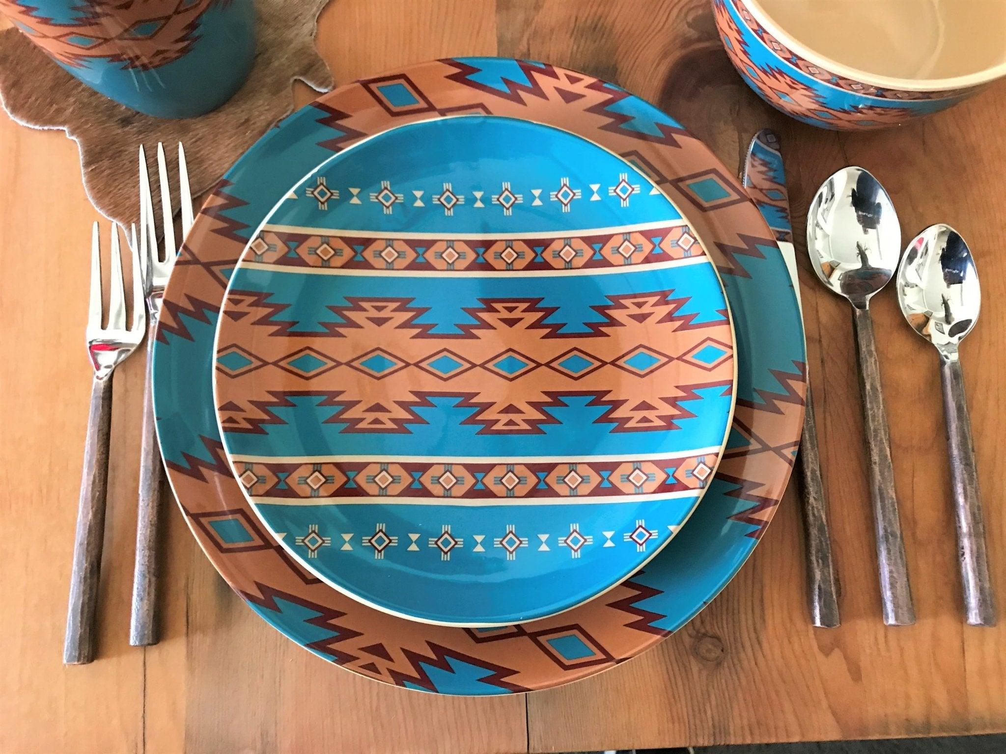 Blue, rust, red Southwestern Dinnerware and Copper flatware from Your Western Decor