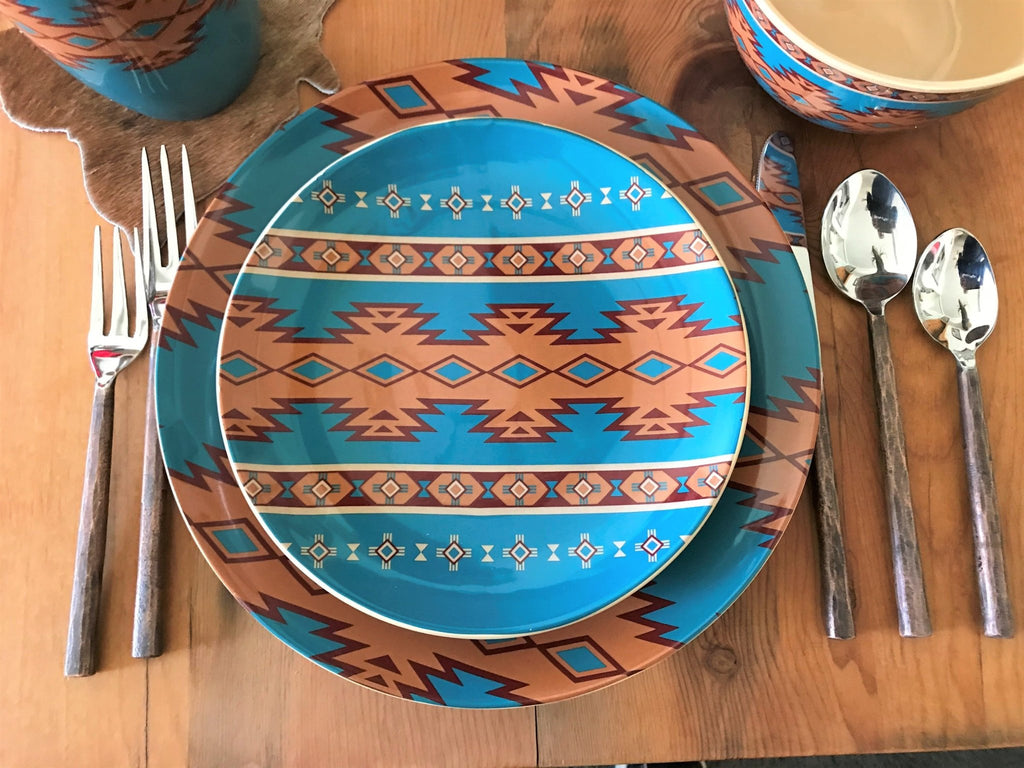 Blue, rust, red Southwestern Dinnerware and Copper flatware from Your Western Decor