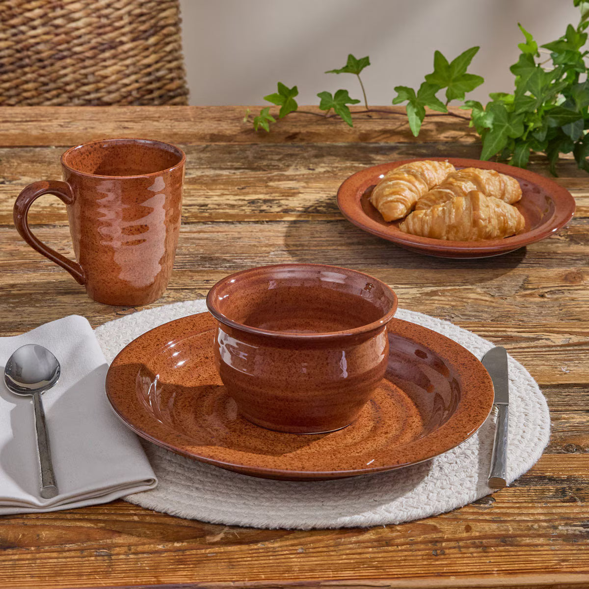 southwestern stoneware dinnerware set on rustic table