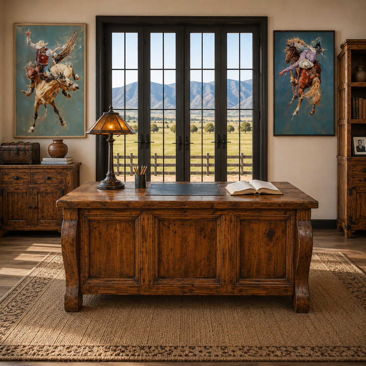 Rustic desk with western rodeo art