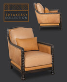 A speakeasy-style armchair with tan leather upholstery, a matching accent pillow, and dark carved wooden arms and legs, shown on a dark gray background. A smaller angled view of the same chair appears in the upper right, and a 'SPEAKEASY COLLECTION' logo badge appears in the upper left.