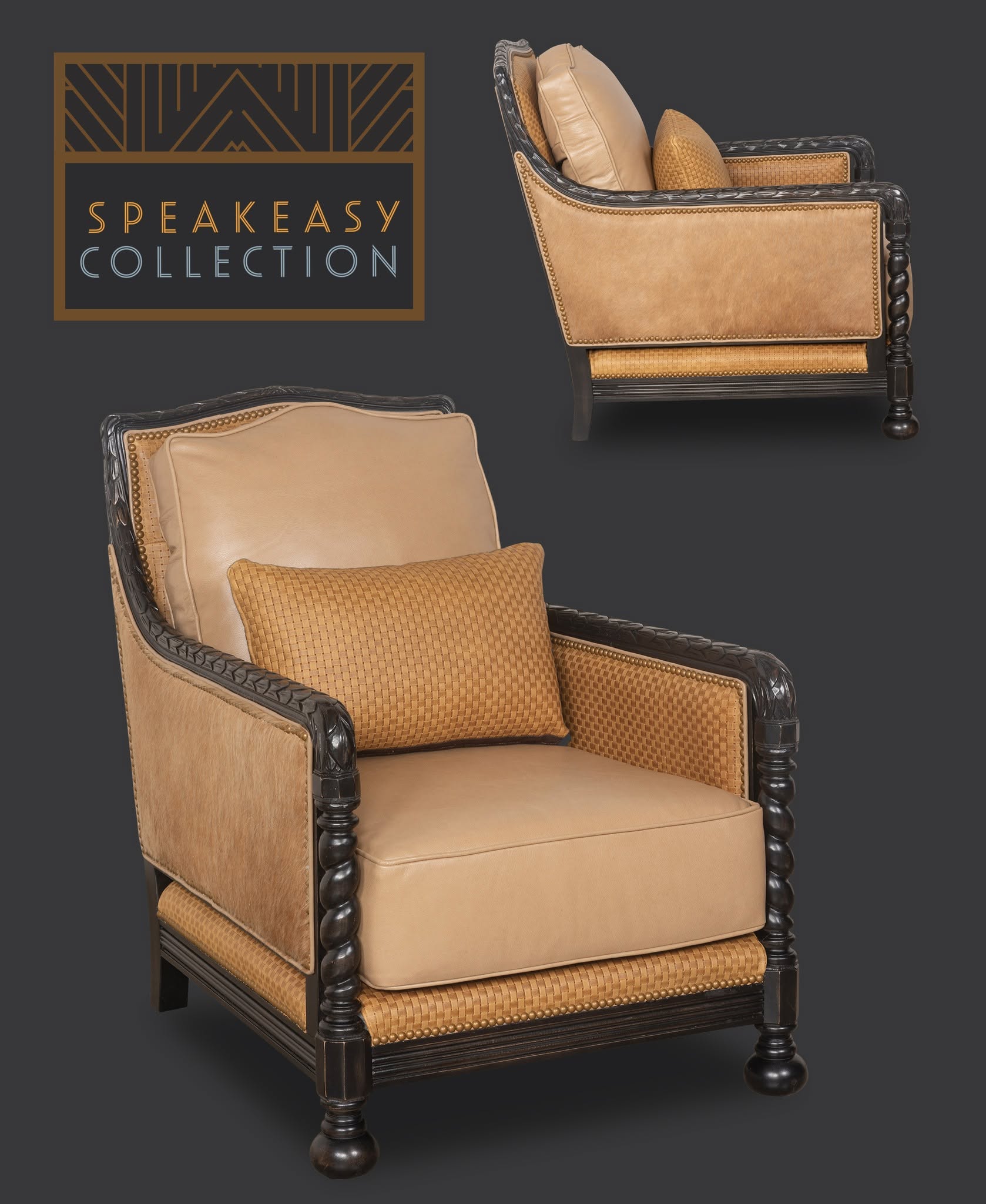 A speakeasy-style armchair with tan leather upholstery, a matching accent pillow, and dark carved wooden arms and legs, shown on a dark gray background. A smaller angled view of the same chair appears in the upper right, and a 'SPEAKEASY COLLECTION' logo badge appears in the upper left.