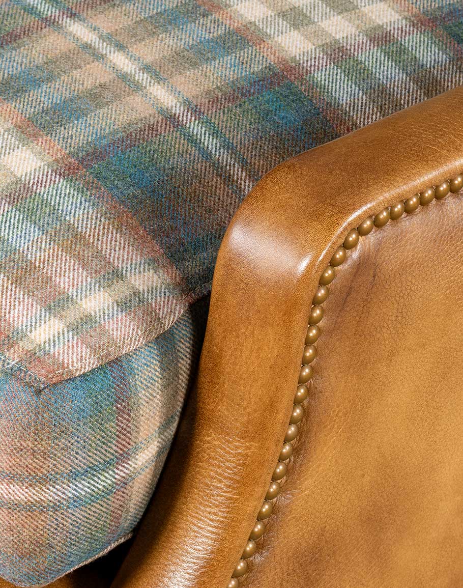 Spruce plaid Mohair fabric with leather upholstery wingback arm chair made in the USA - Your Western Decor