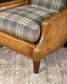 Spruce plaid Mohair fabric with leather upholstery wingback arm chair made in the USA - Your Western Decor