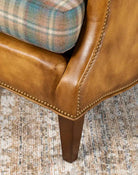 Spruce plaid Mohair fabric with leather upholstery wingback arm chair leg made in the USA - Your Western Decor