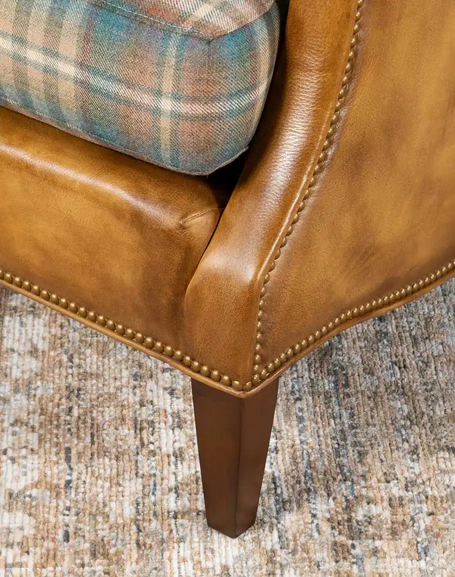 Spruce plaid Mohair fabric with leather upholstery wingback arm chair leg made in the USA - Your Western Decor