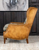 Spruce plaid Mohair fabric with leather upholstery wingback arm chair side made in the USA - Your Western Decor