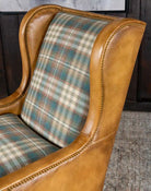 Spruce plaid Mohair fabric with leather upholstery wingback arm chair made in the USA - Your Western Decor