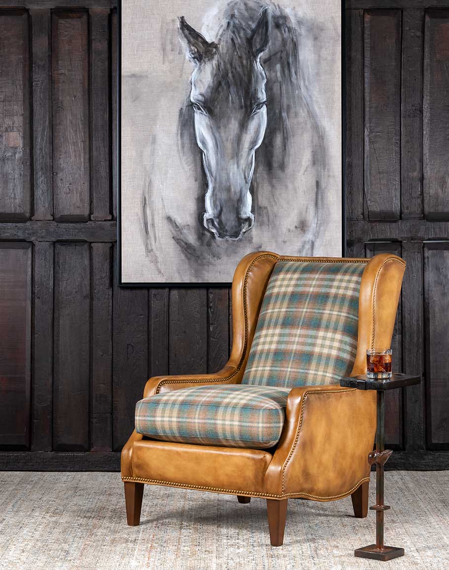 Spruce plaid Mohair fabric with leather upholstery wingback arm chair made in the USA - Your Western Decor