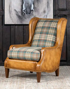 Spruce plaid Mohair fabric with leather upholstery wingback arm chair made in the USA - Your Western Decor