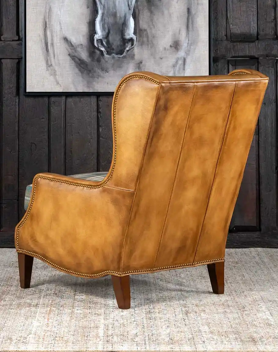 Spruce plaid Mohair fabric with leather upholstery wingback arm chair back made in the USA - Your Western Decor